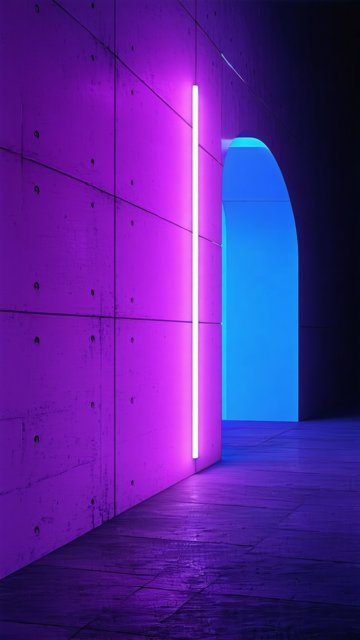보라색과 파란색 네온 조명 아치형 통로
