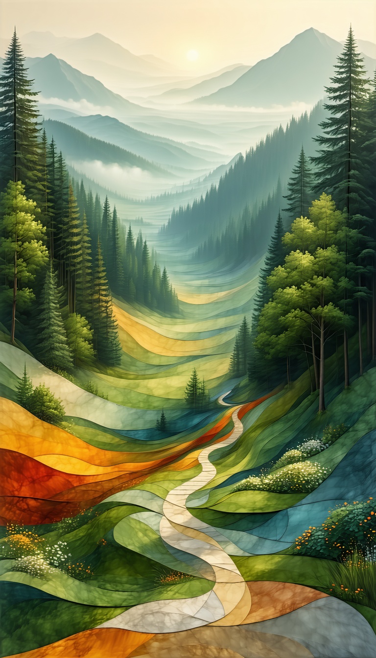 아름다운 산길 풍경, 풍경화, 산, 산길, 자연, 아름다움, 평화