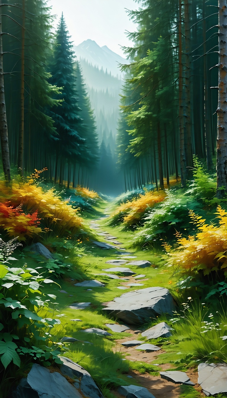 숲 속의 돌길 풍경, 숲길, 산길, 자연, 풍경, 침엽수림, 양치류