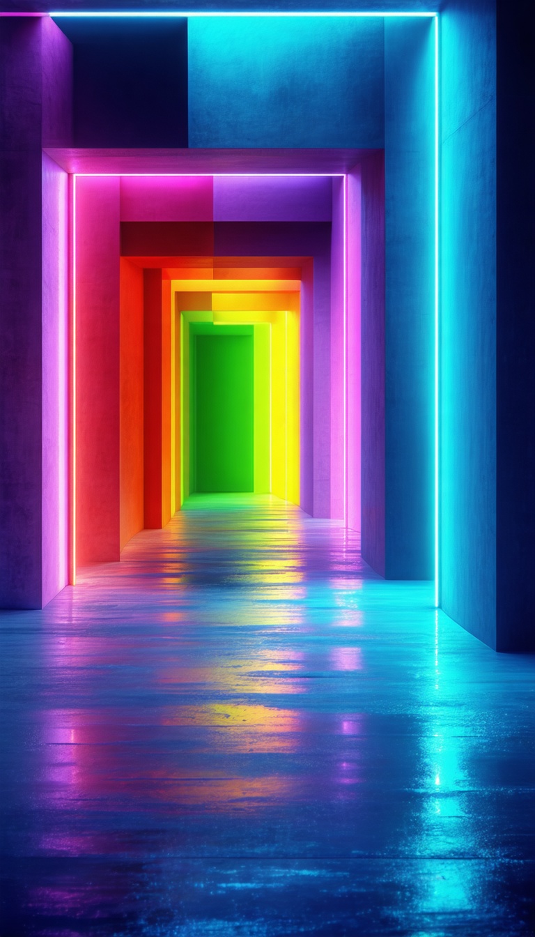 무지개빛 네온 조명 터널, 네온, 무지개, 조명, 터널, 색상, RGB