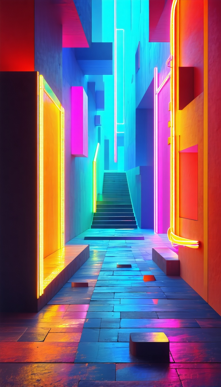 네온빛 도시 골목길, 네온, 도시, 골목길, 3D렌더링, 미래도시, 디지털아트