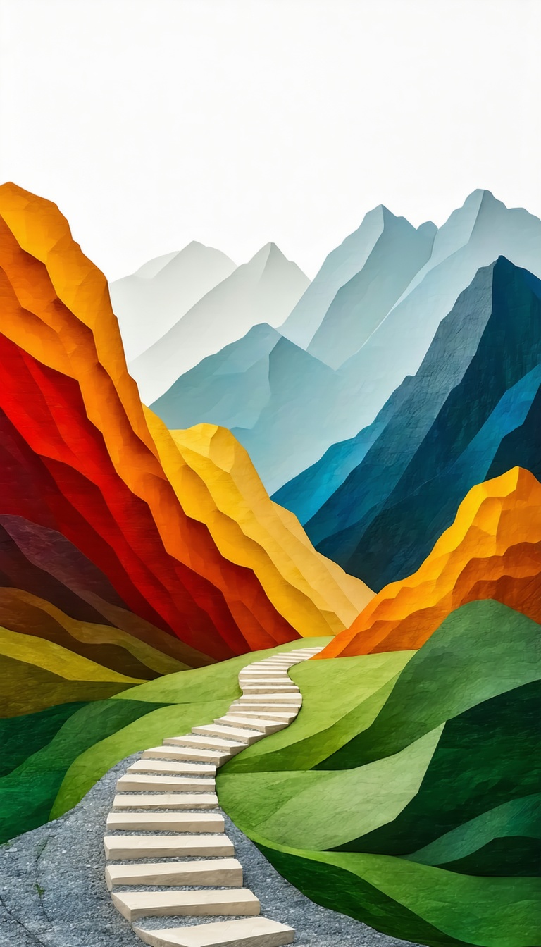 산으로 이어지는 계단, 산, 계단, 풍경, 추상화, 색감, 자연