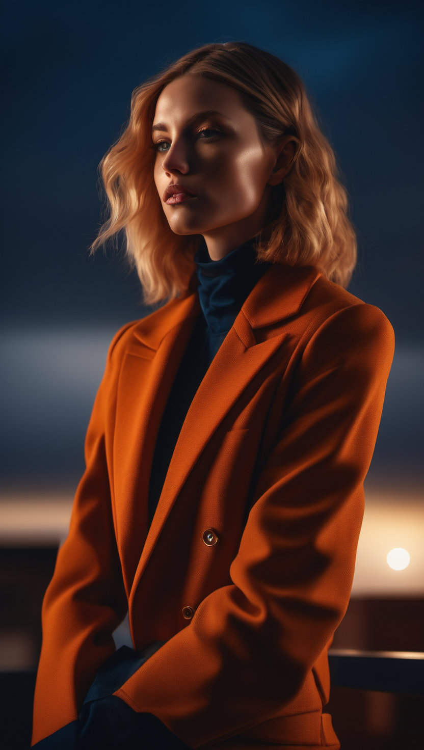 강렬한 오렌지, 세련된 여성 포트레이트, Orange blazer, 금발 여성, 포트레이트, 드라마틱 조명, 세련된, 패션
