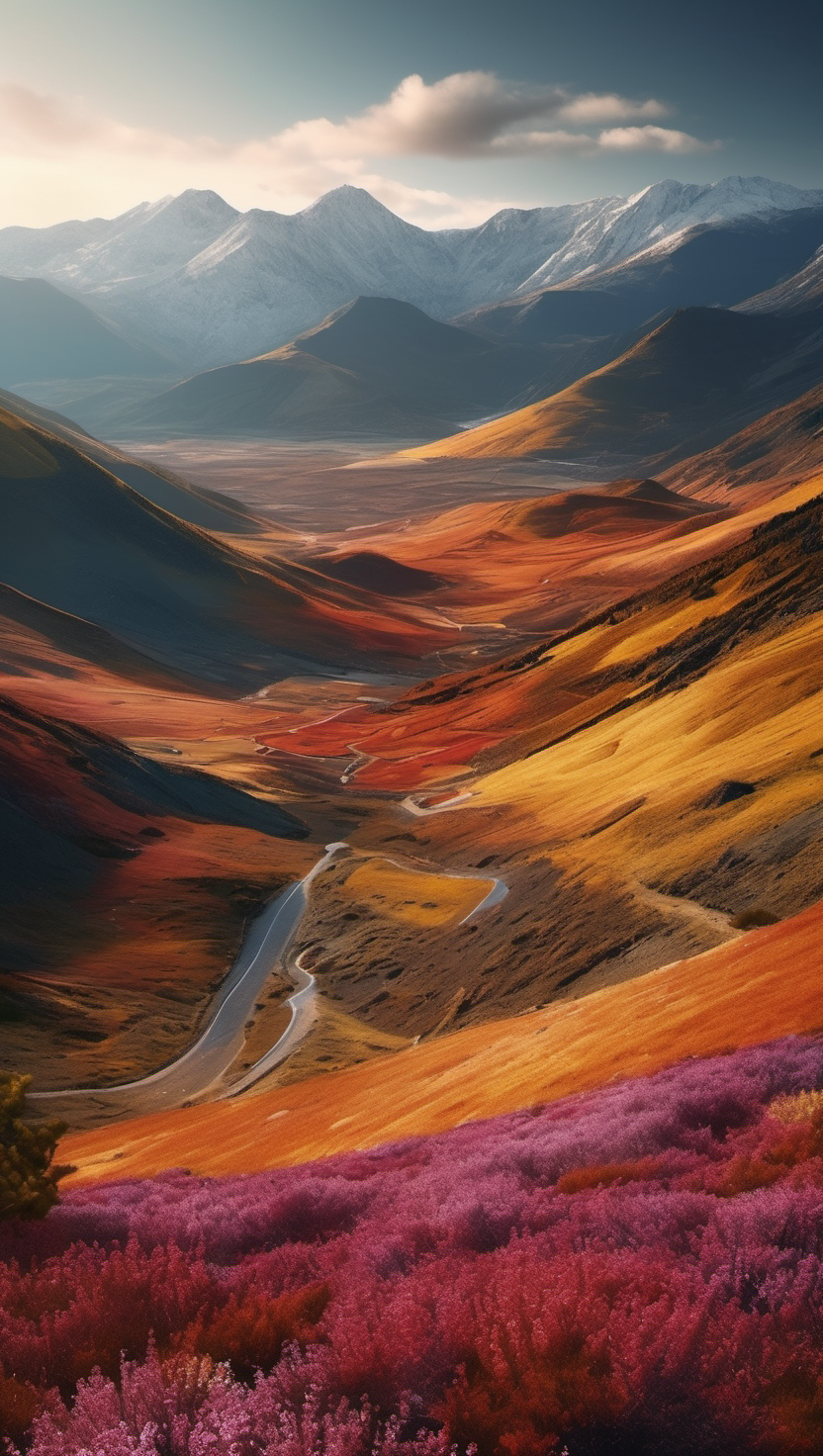 가을빛 물든 산맥과 굽이진 계곡길, 가을, 산맥, 계곡, Winding road, Colorful, Landscape