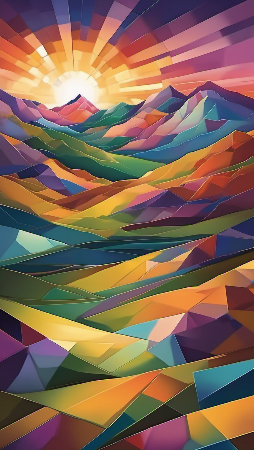 다채로운 폴리곤 산맥의 일몰, 폴리곤 아트, 기하학적 풍경, 산맥 일몰, 다채로운 색상, 추상화, 디지털 아트