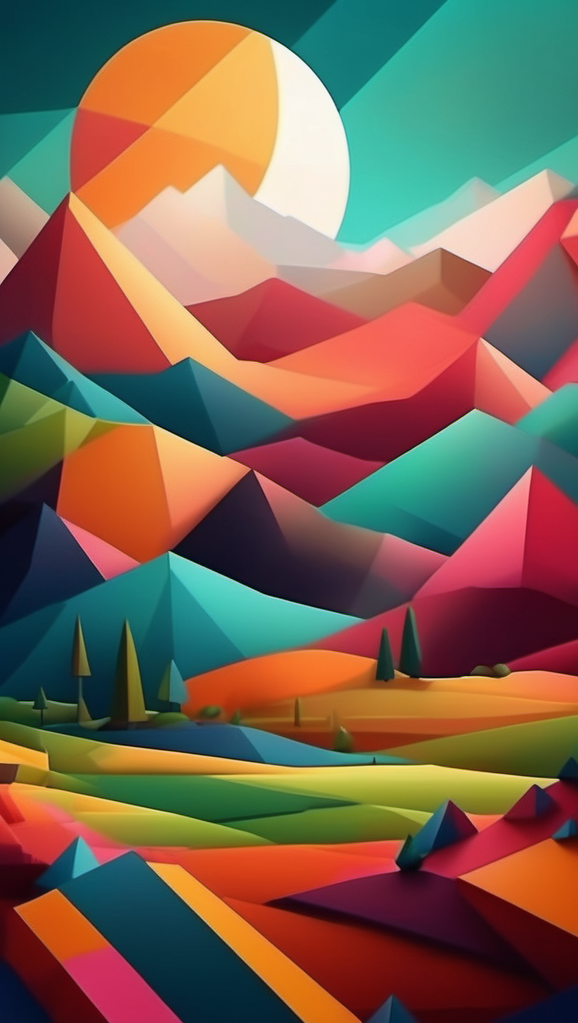 다채로운 기하학적 산봉우리 풍경, 기하학, 다채로운, 풍경, 추상화, 산, 석양