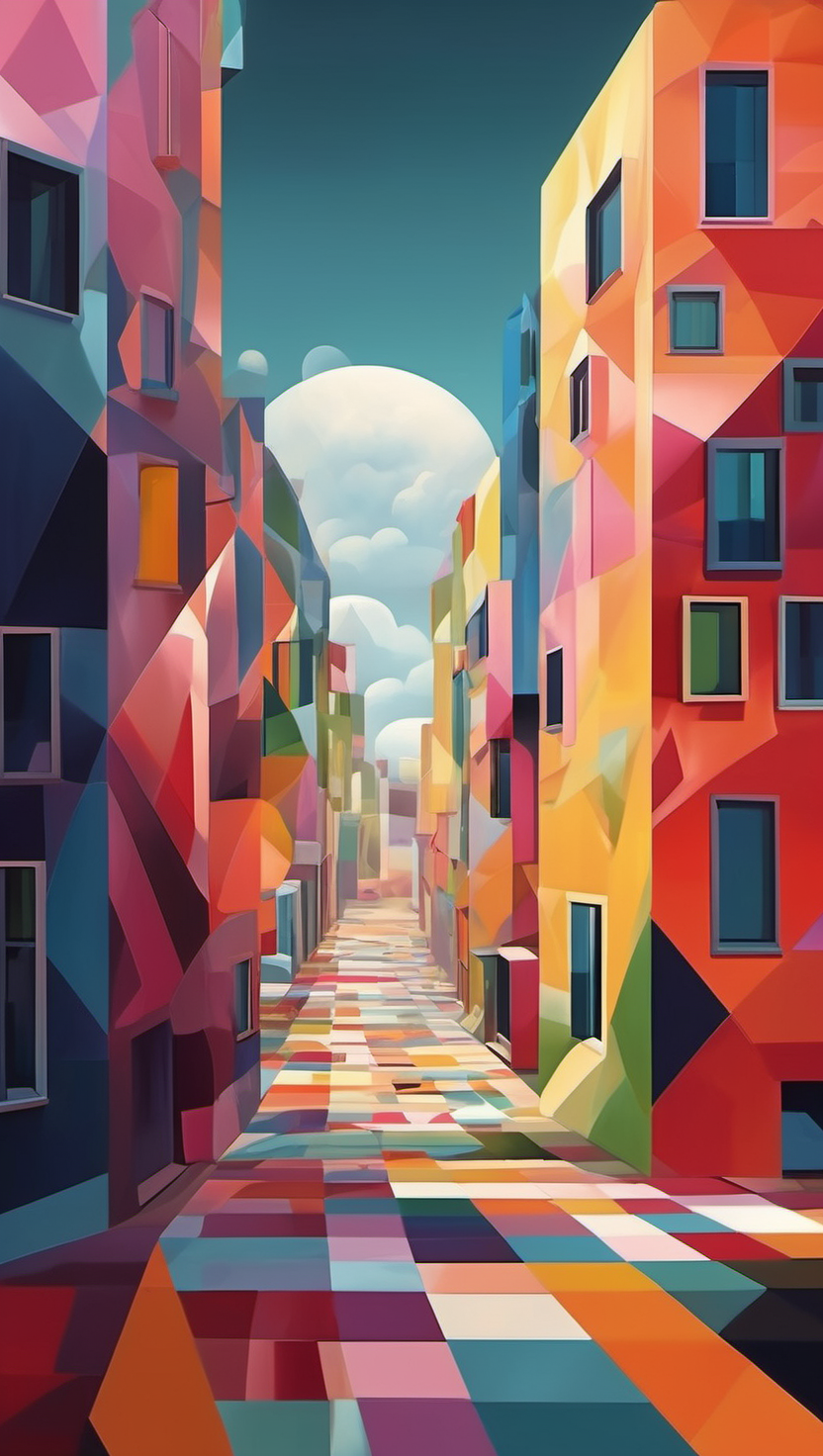 환상적인 색채의 기하학적 도시 골목, 다채로운, 기하학적, 도시 풍경, 추상화, 골목, Vibrant