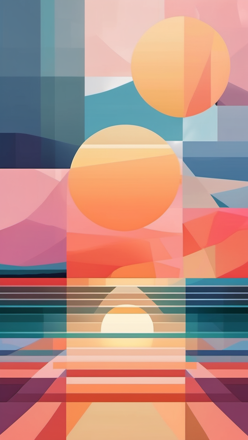 기하학적 일몰 풍경, Geometric, Abstract, Sunset, Color Block, 현대미술, 풍경화