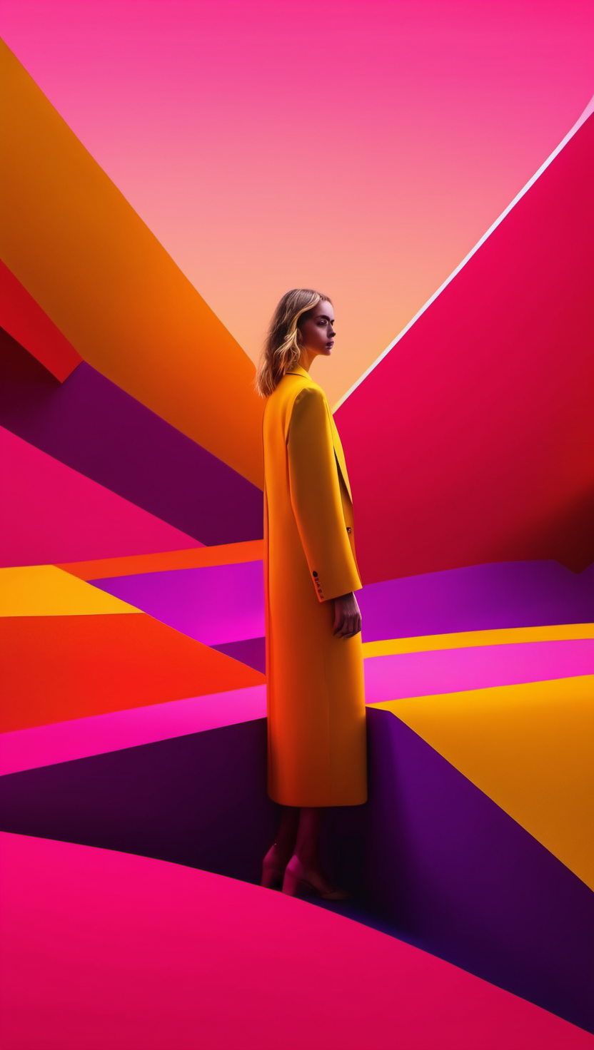 비비드 컬러 기하학적 패션 아트, Vivid Colors, Geometric Art, Fashion Model, Yellow Coat, Abstract Design, 현대적인