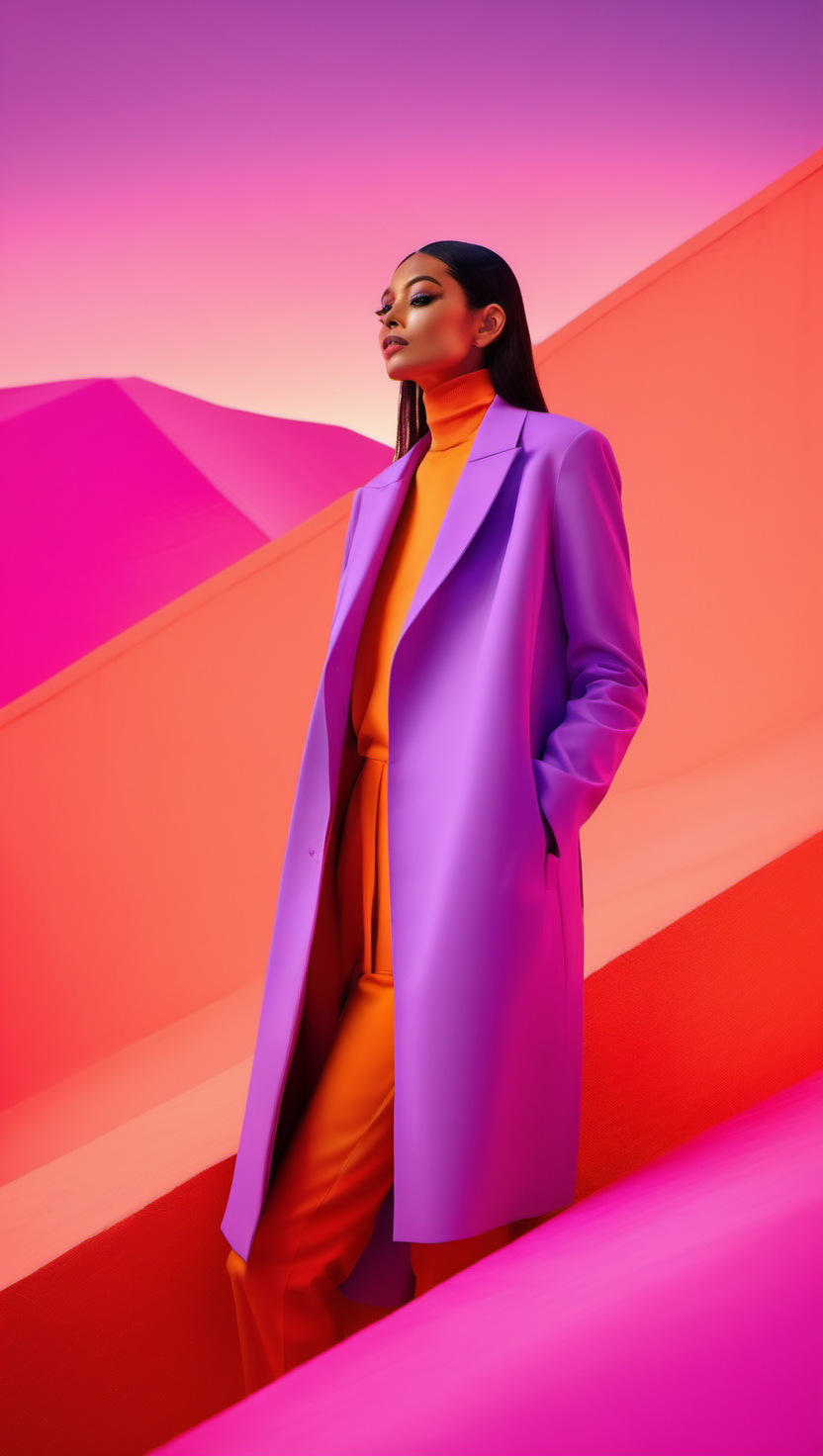 보라색 코트와 오렌지 룩의 대담한 조화, 패션, 보라색 코트, 오렌지 룩, 컬러블록, 스타일리시, 현대적인