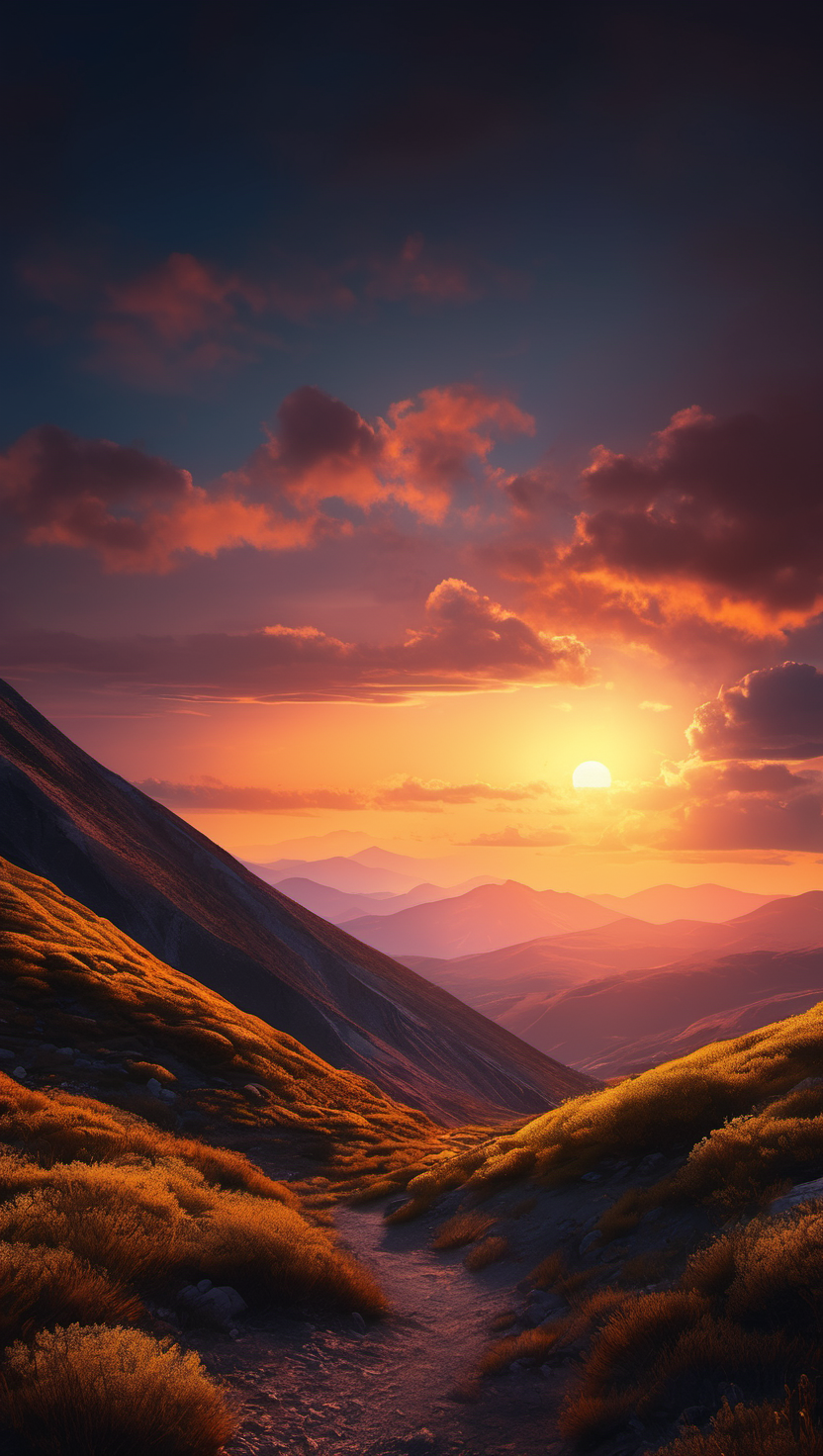 황금빛 노을 속 산맥 길, 노을, 산맥, 황금빛, 오솔길, sunset, mountainscape