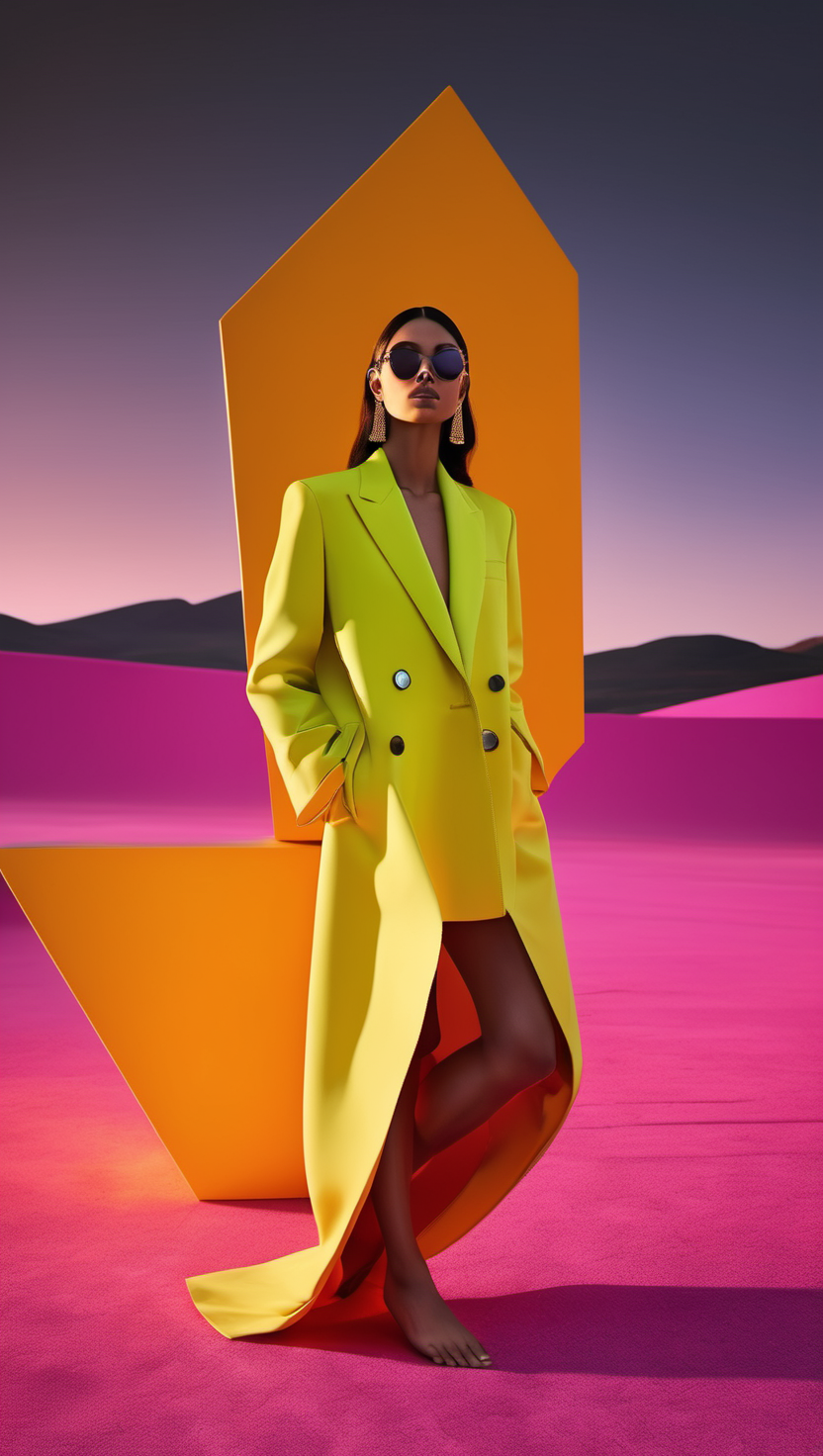 네온 옐로우 코트의 초현실적 패션, 패션, 네온 옐로우, 핑크, 초현실적, 모던, 롱 코트