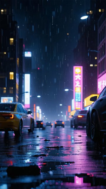 밤비 내리는 도시 거리 풍경