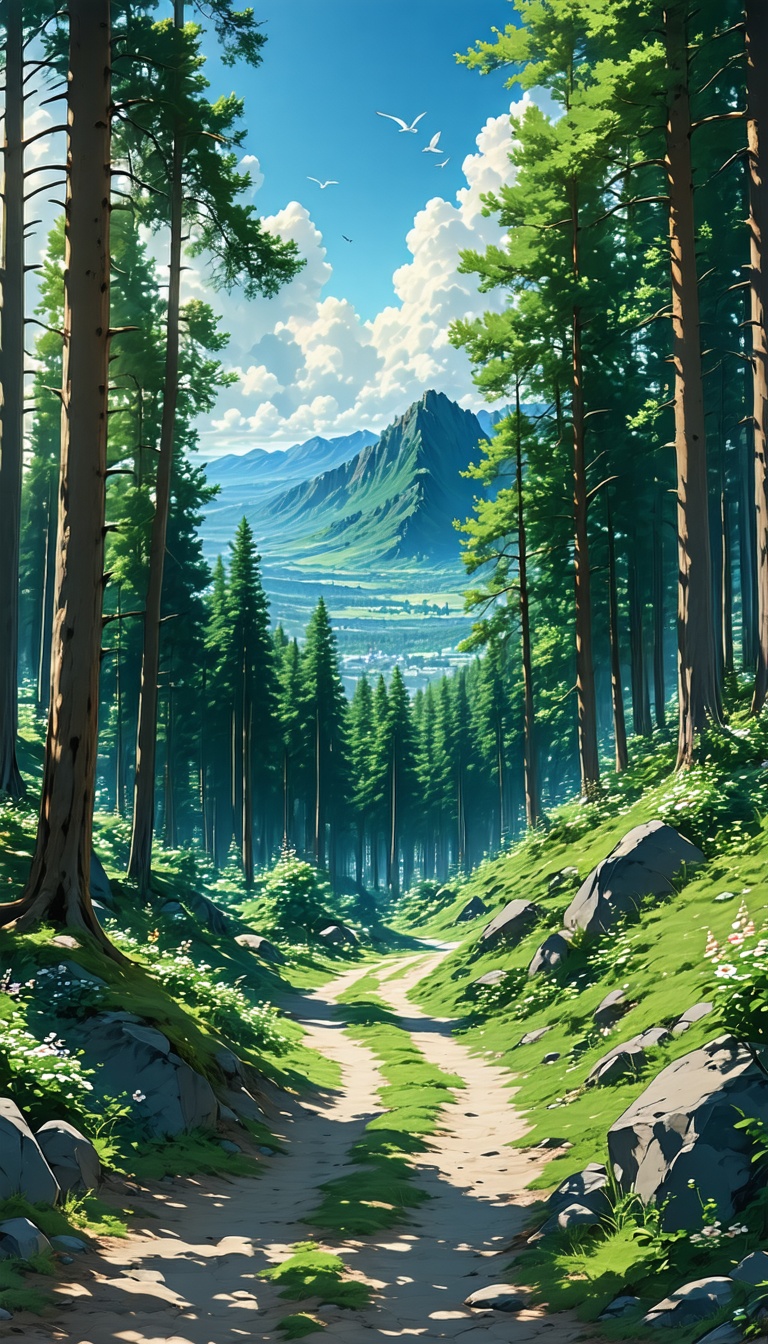 숲 속 오솔길과 산 풍경, 숲길, 산, 자연, 풍경화, 오솔길, 숲