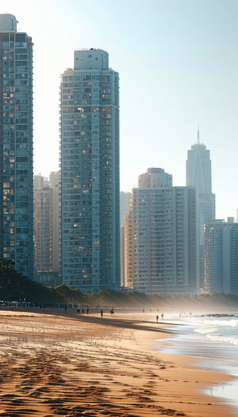 도시 해변의 아침 풍경, 도시, 해변, 바다, 건물, 고층빌딩, 아침