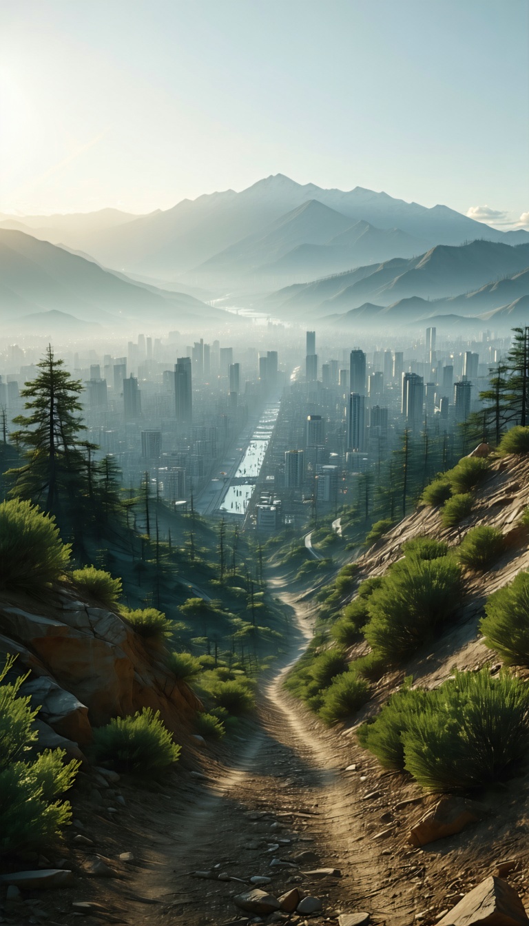 안개 낀 도시와 산의 풍경, 도시 풍경, 산맥, 안개, 산길, 자연, Cityscape