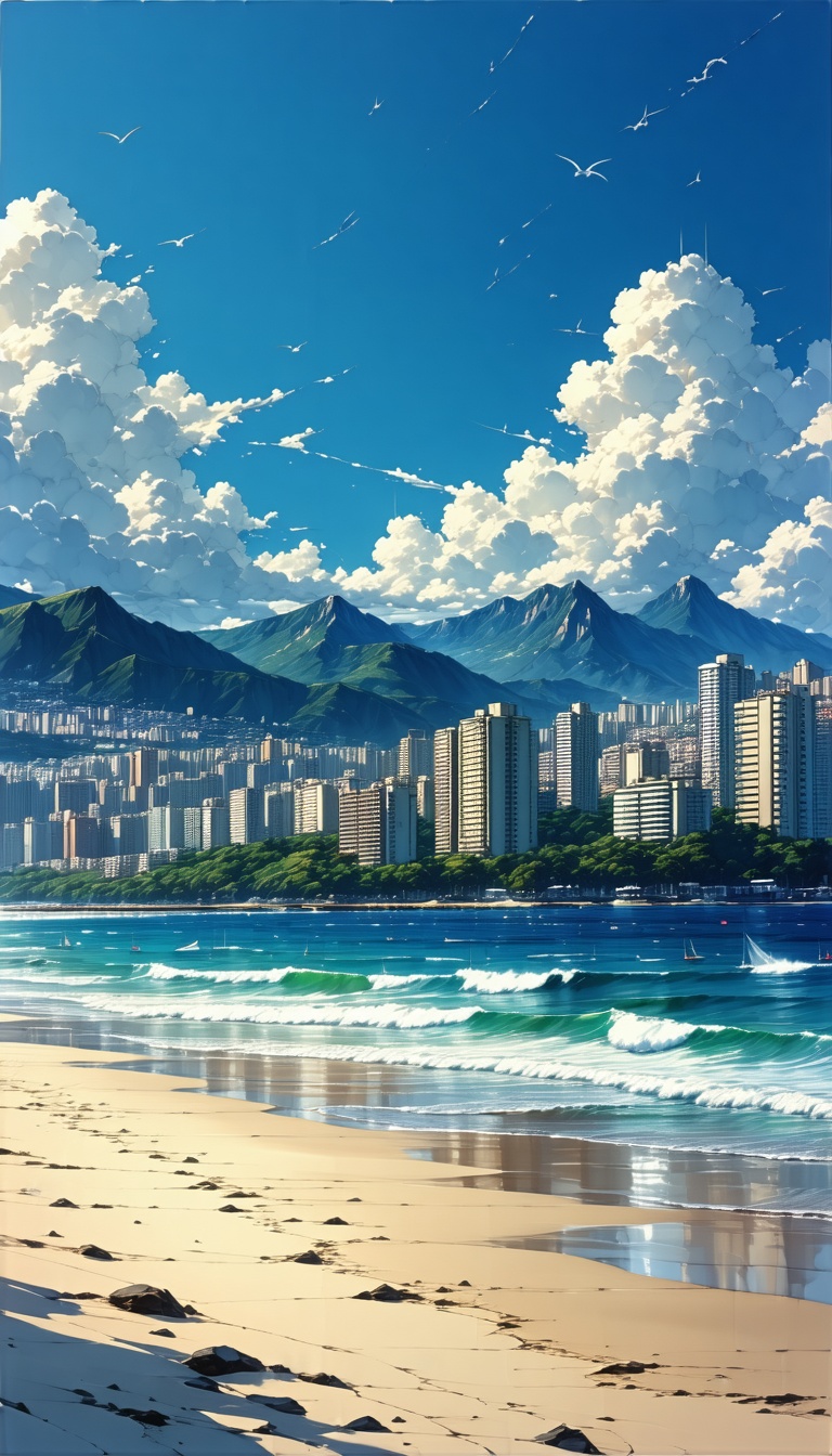 푸른 바다와 도시의 아름다운 풍경, 바다, 도시, 풍경, 하늘, 구름, 산