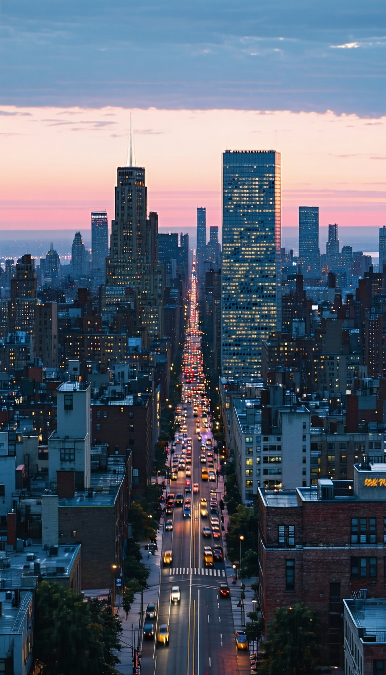 뉴욕 도시 야경, 저녁 노을, 뉴욕, 맨해튼, 야경, 도시, 고층빌딩, 석양