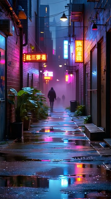 비에 젖은 네온 거리 풍경