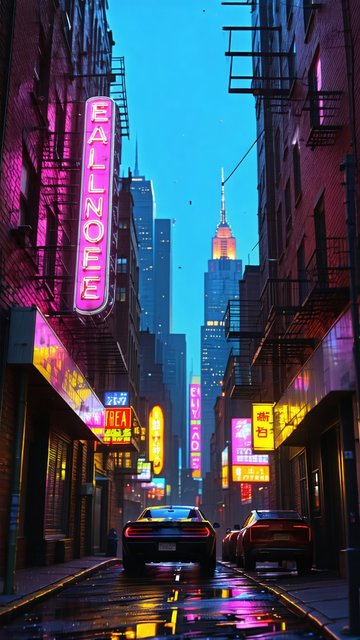 밤거리의 네온사인과 자동차