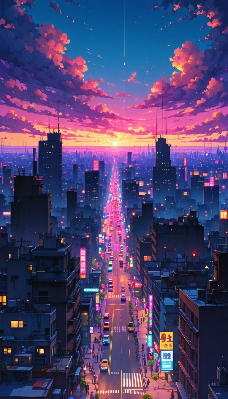 선셋 도시 풍경, Sunset City, Cityscape, Illustration, Night View, Urban, Neon Lights
