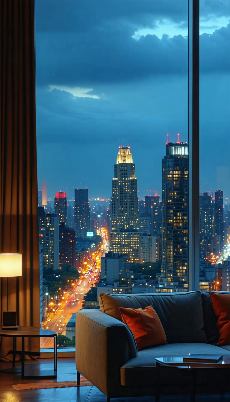 야경이 아름다운 고층 아파트 거실, 야경, 도시, 고층아파트, 거실, 인테리어, 소파