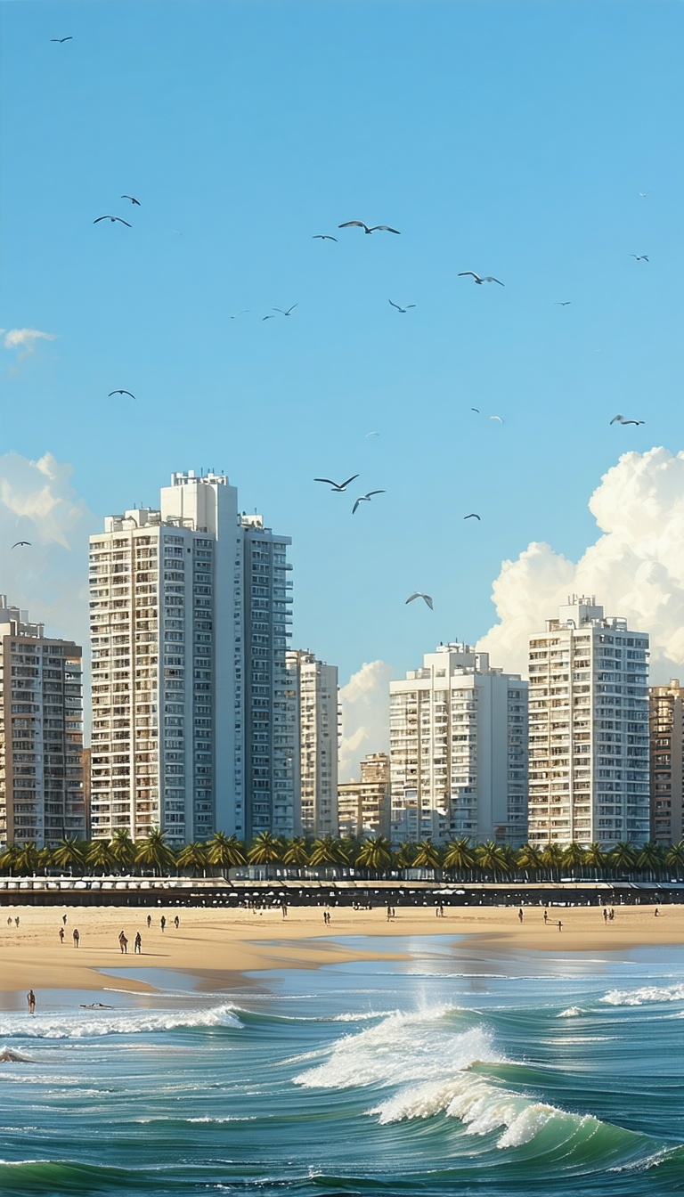 해변 도시의 아름다운 풍경, 바다, 해변, 도시, 건물, 고층건물, 갈매기