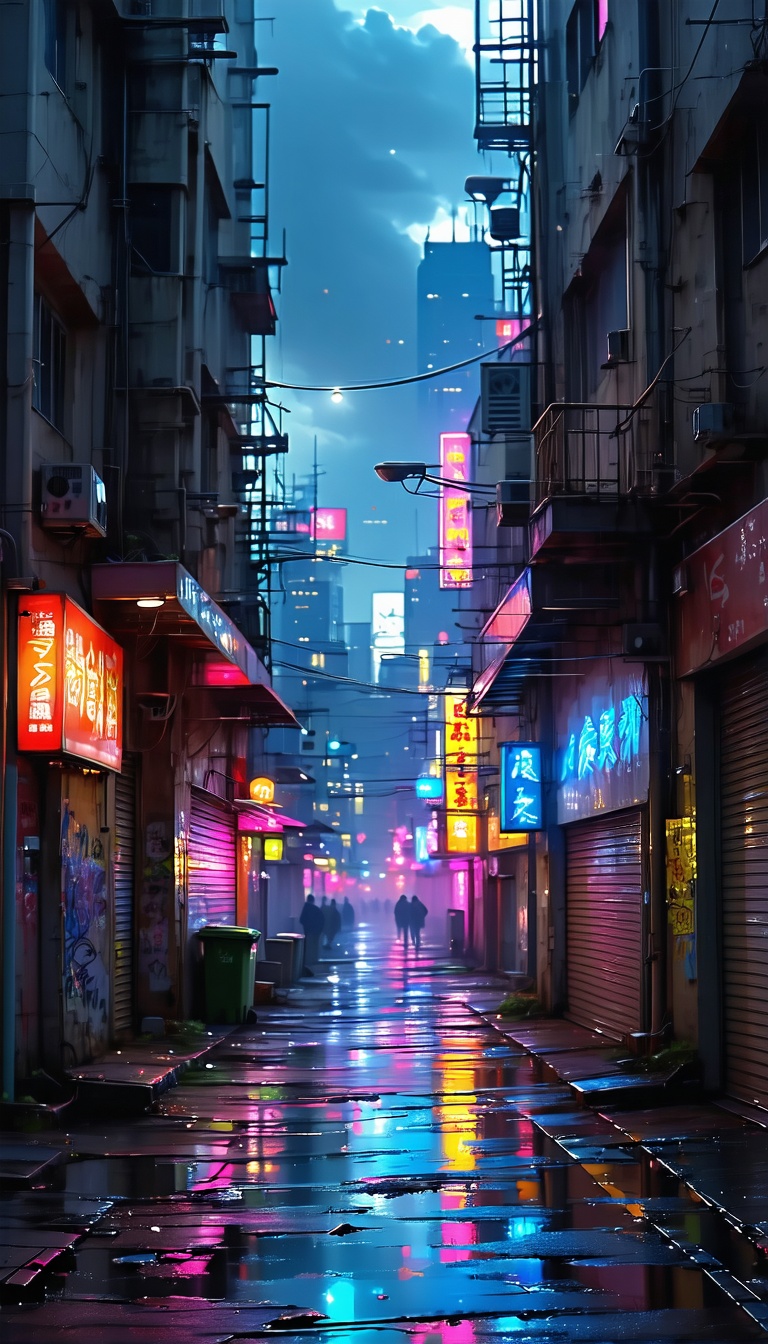 비오는 밤의 네온거리, 네온사인, 밤거리, 비, 도시, 디지털아트, Cyberpunk