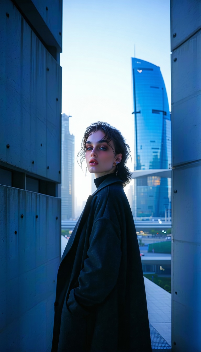 도시 배경의 여성 패션 화보, 패션, 화보, 여성, 코트, 도시, 건물