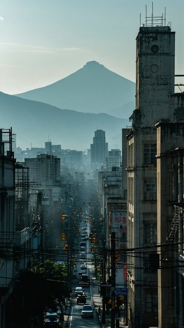 안개 낀 도시 풍경과 산