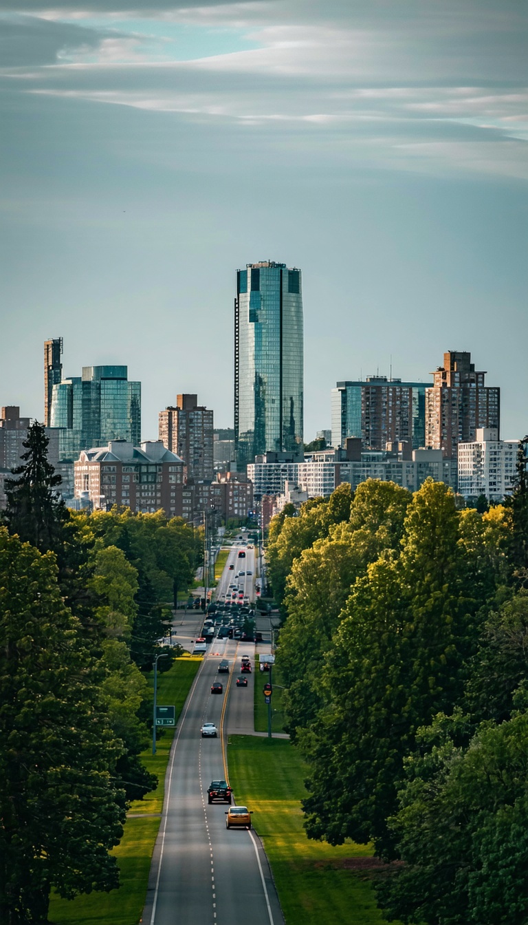 도시와 자연의 조화: 고층빌딩과 녹음, 도시, 도로, 고층빌딩, 빌딩, 나무, 자연