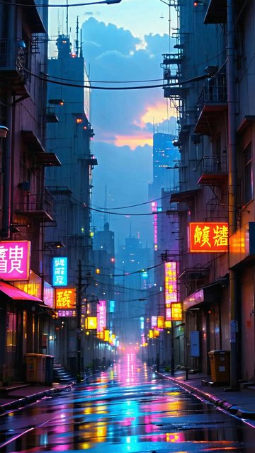 비오는 날의 네온 도시 거리