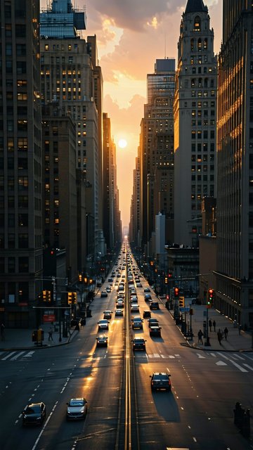 석양 아래 도시의 거리 풍경