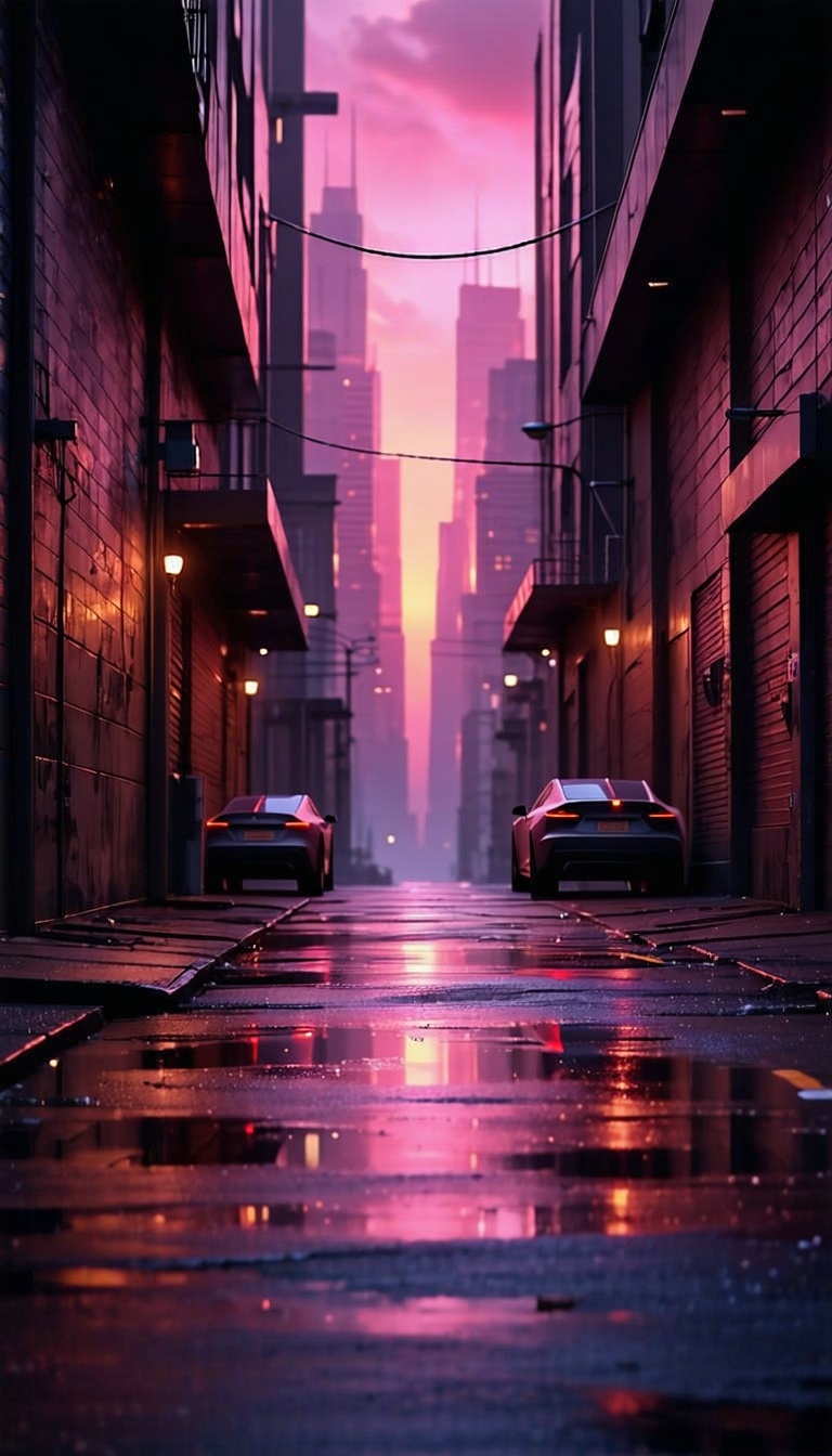 핑크빛 도시 골목길 풍경, 도시 풍경, 골목길, 야경, 핑크빛 노을, 비, 차