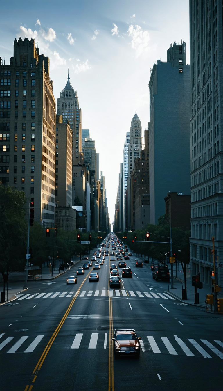 뉴욕 시티의 석양 길, 뉴욕, 맨해튼, 도시, 도로, 교통, 고층빌딩
