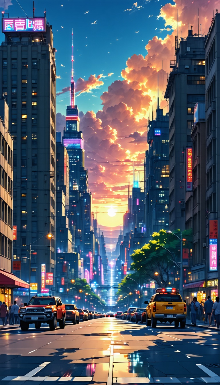 황혼의 도시 거리 풍경, 도시, 풍경화, 미래도시, 석양, 네온사인, 빌딩