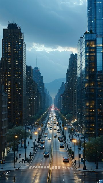 황혼녘 도시의 아름다운 거리 풍경