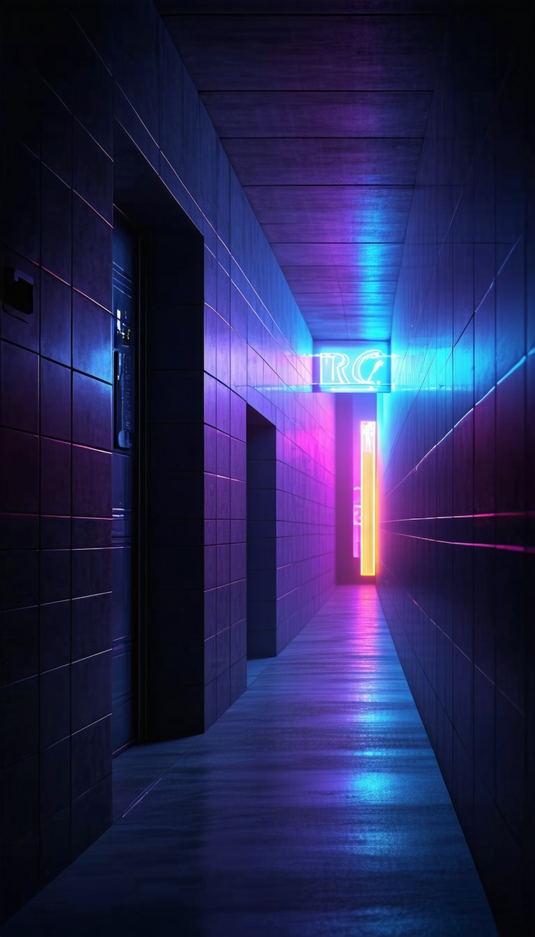 네온 조명의 어두운 복도, 네온, 복도, 어둠, 조명, 분위기, 신비