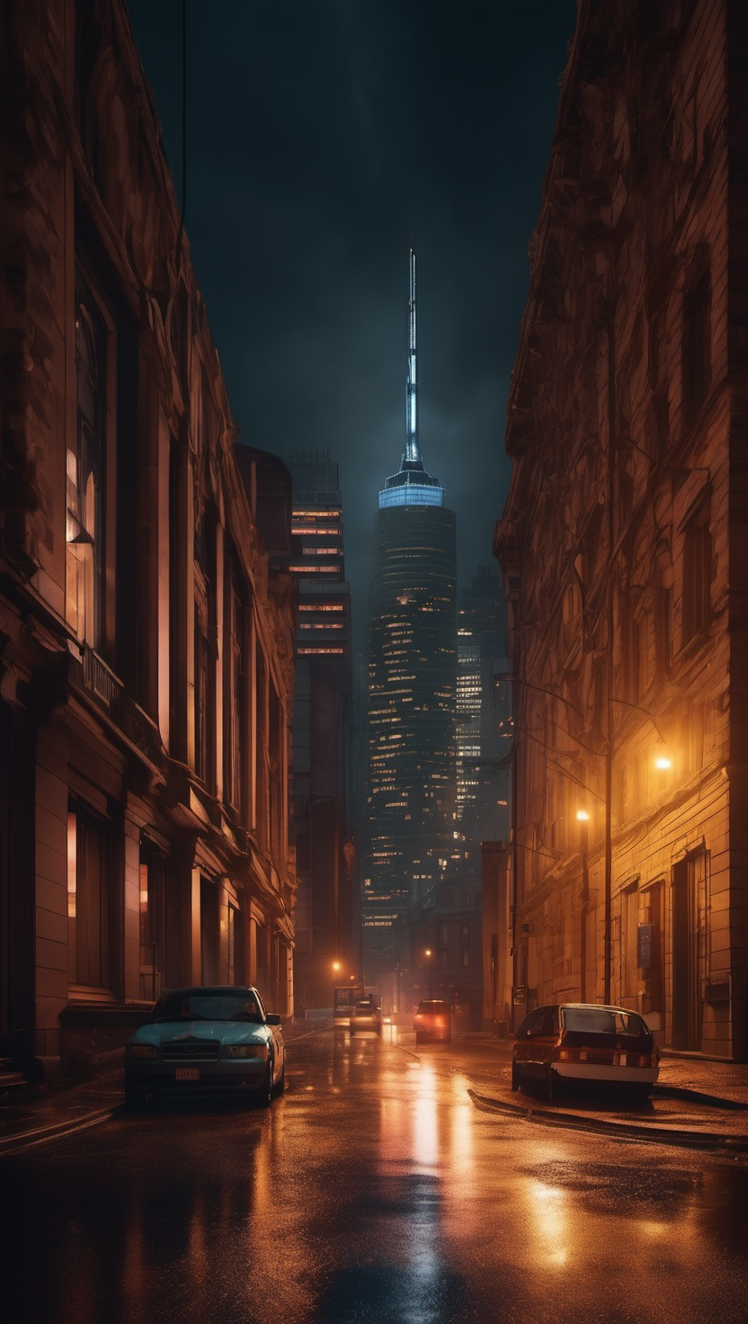 도시 야경: 젖은 거리와 빛나는 마천루, 도시 야경, 마천루, 밤거리, 젖은 길, reflection, urban