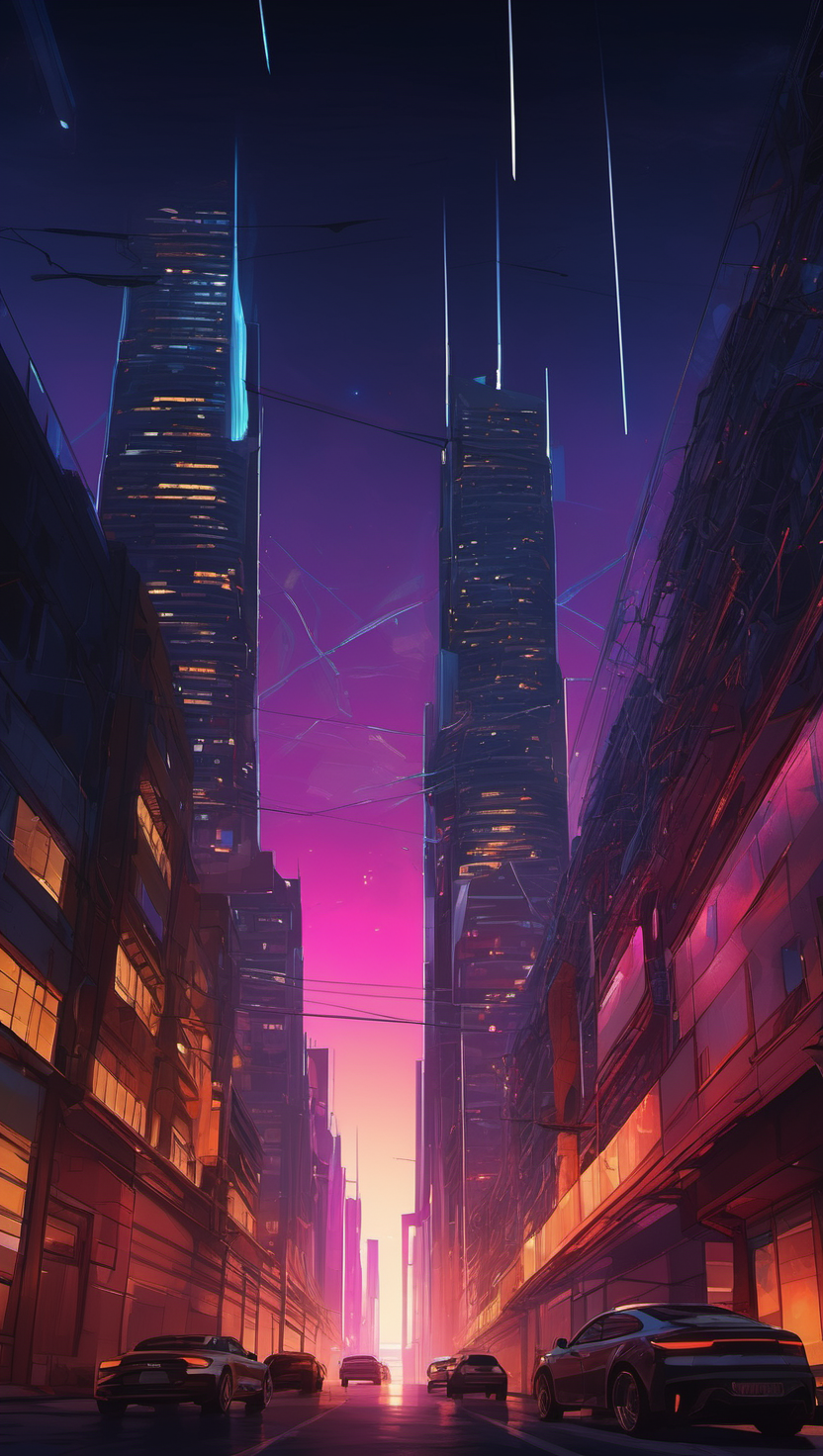 네온빛 사이버펑크 도시 야경, 사이버펑크, 미래도시, 네온, 야경, 고층빌딩, 보라색