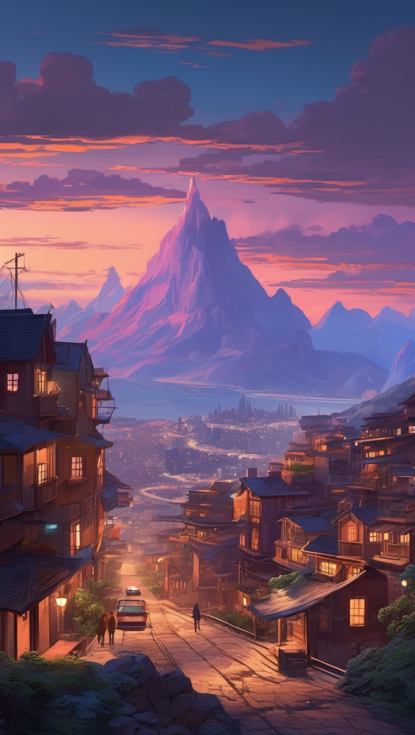 석양 속 산자락 마을과 도시 풍경, 석양, 산맥, 언덕 마을, 도시 풍경, 애니메이션 스타일, 환상적