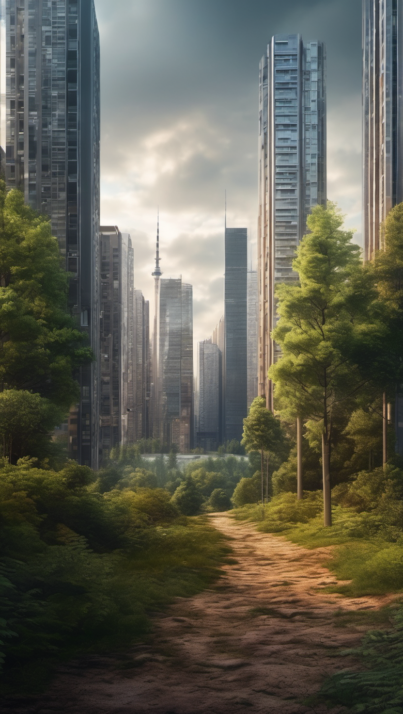 도시 속 숲길: 빌딩 숲과 자연의 조화, 도시, 자연, 숲길, 빌딩 숲, 공존, Urban nature