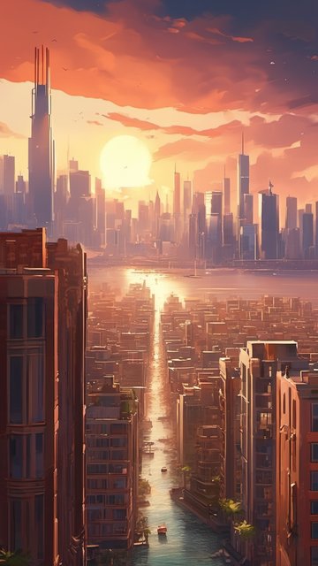 석양 속 강변 도시의 황홀한 풍경