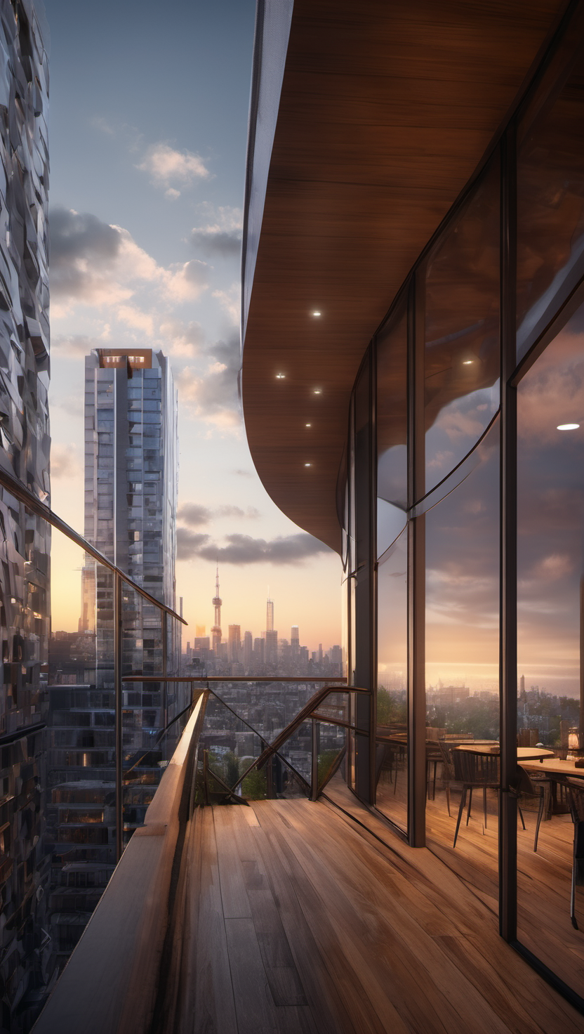 도심 속 고급 발코니, 노을빛 도시 전경, 고층 발코니, 도시 전경, 석양, 일몰, 현대 건축, 스카이라인