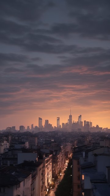 황혼녘 도시 스카이라인과 아래 거리