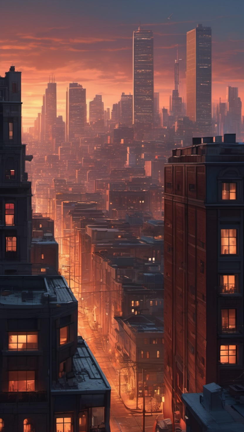 황혼녘 도시 풍경: 주황빛 하늘과 건물들, 도시, 황혼, 석양, 고층빌딩, 어반, 건물