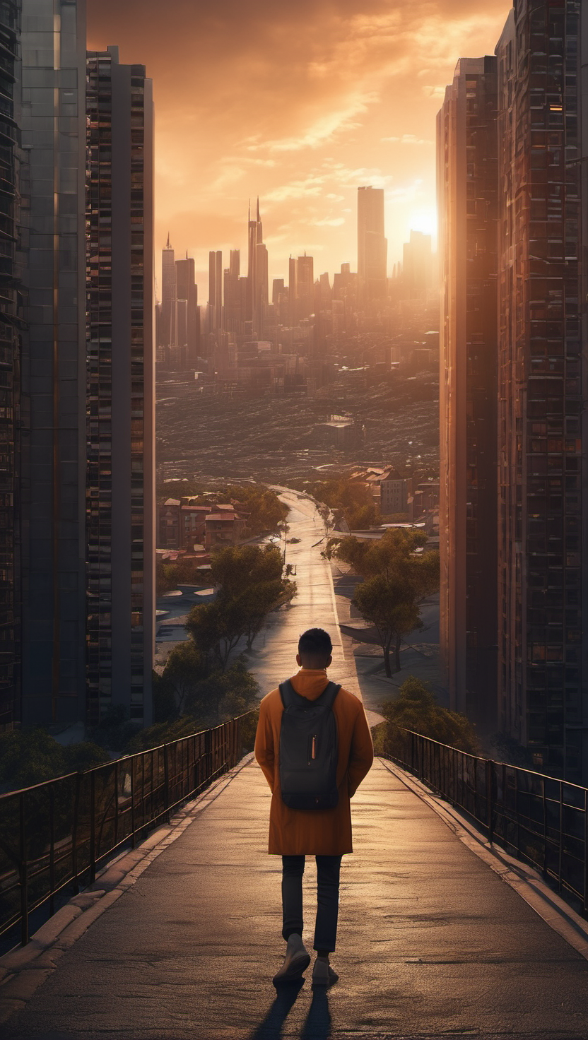 황혼 속 도시를 걷는 사람, 도시, 스카이라인, 황혼, 뒷모습, 여정, 고층빌딩