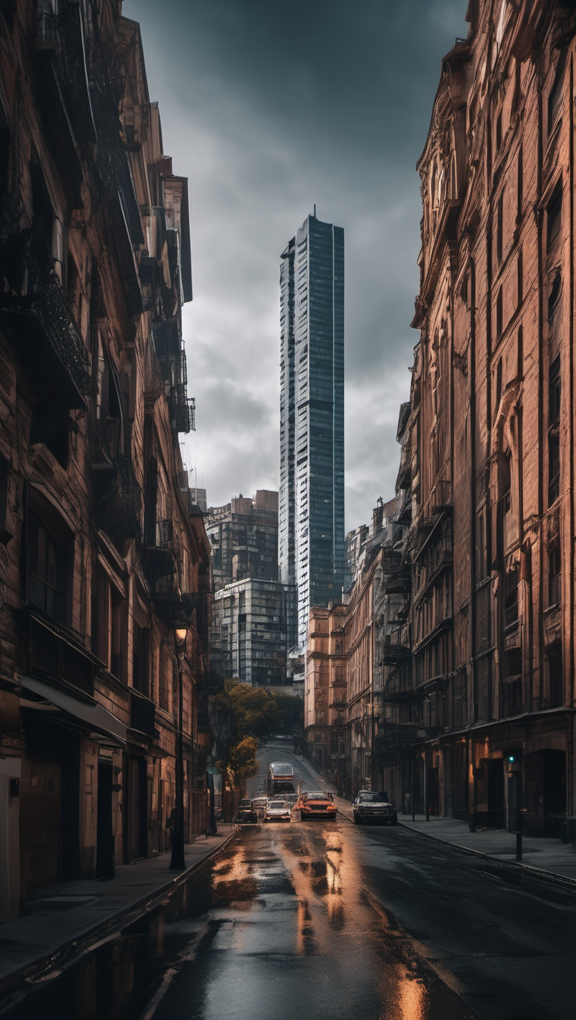 도시의 대비: 젖은 거리와 고층 빌딩, 도시풍경, 고층빌딩, 젖은 길, 건축, 대비, 반영