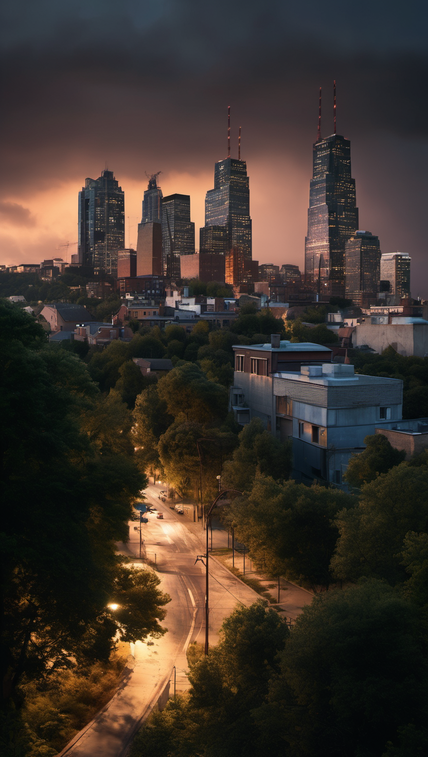 황혼의 도시와 숲길: 빛과 그림자, 황혼, 도시 풍경, 고층 빌딩, 숲길, 가로등, 빛과 그림자