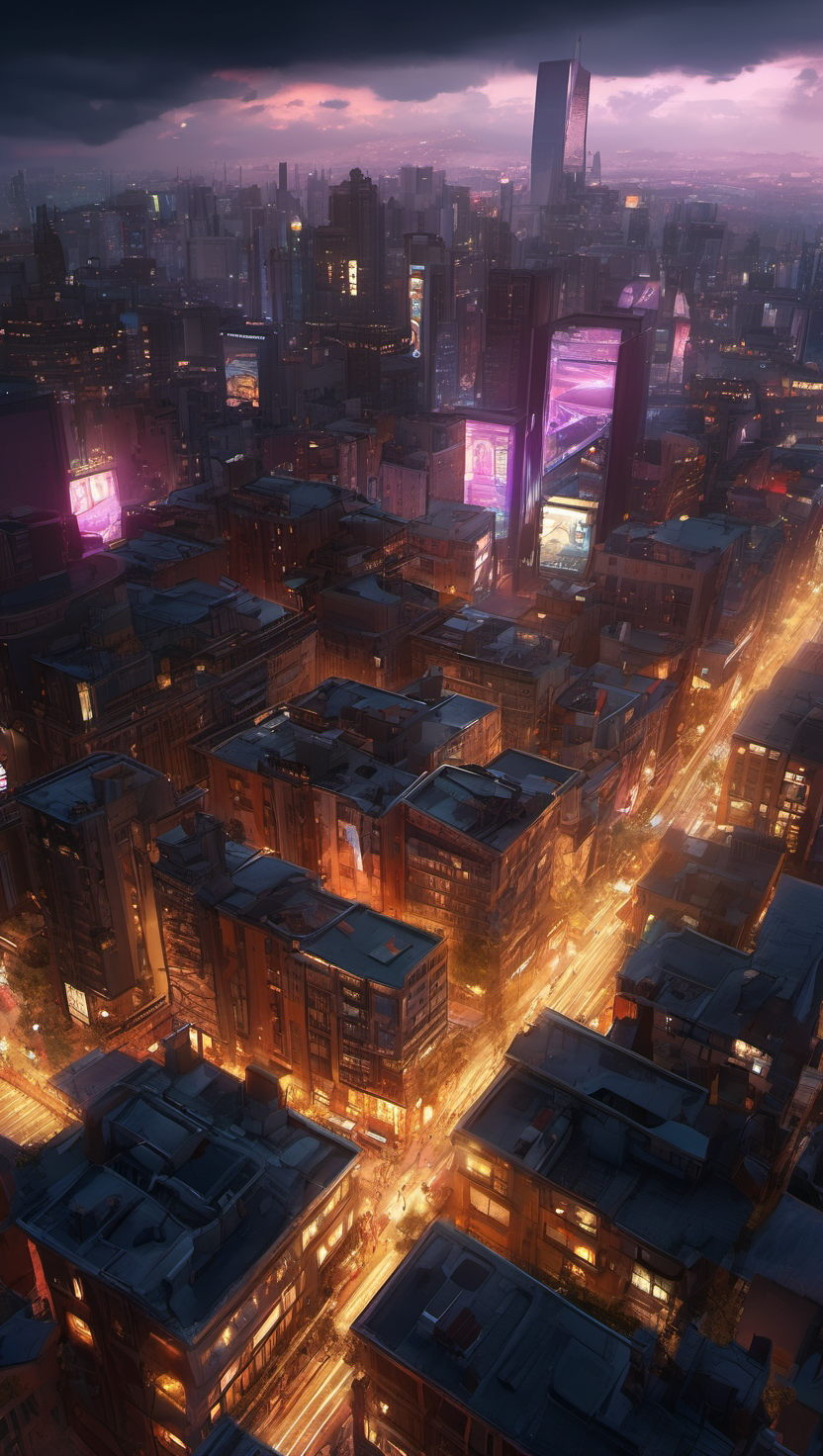 네온 불빛이 수놓은 미래 도시 야경, 도시, 야경, 네온사인, 미래도시, 사이버펑크, 고층빌딩